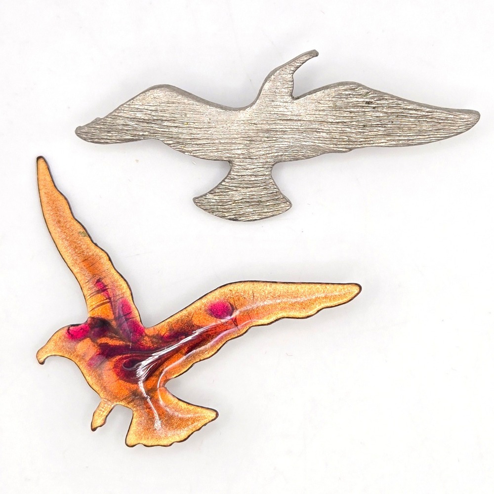 Vintage Seagull Brooch Set Silver Tone Textured and Copper Enamel Bird Pins